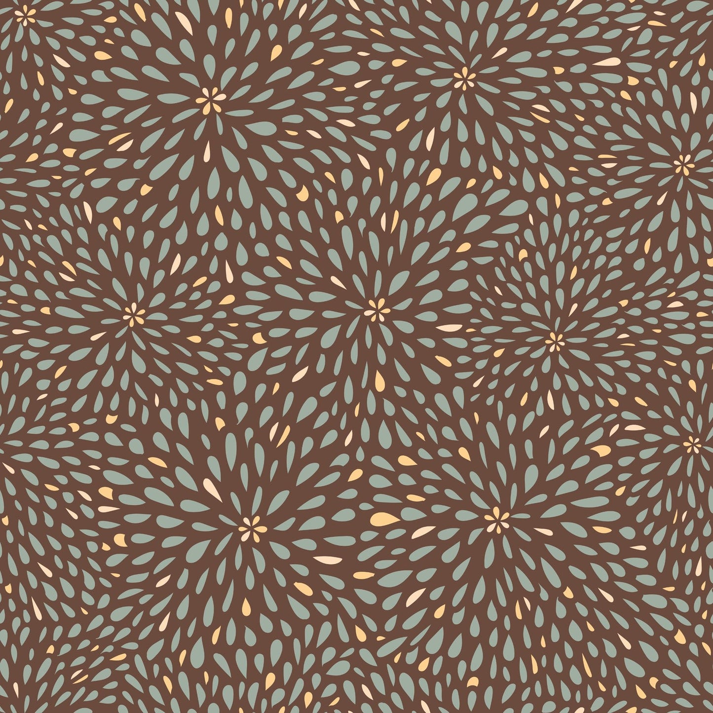 Wallpaper pattern of brown with teal and beige petal bursts.