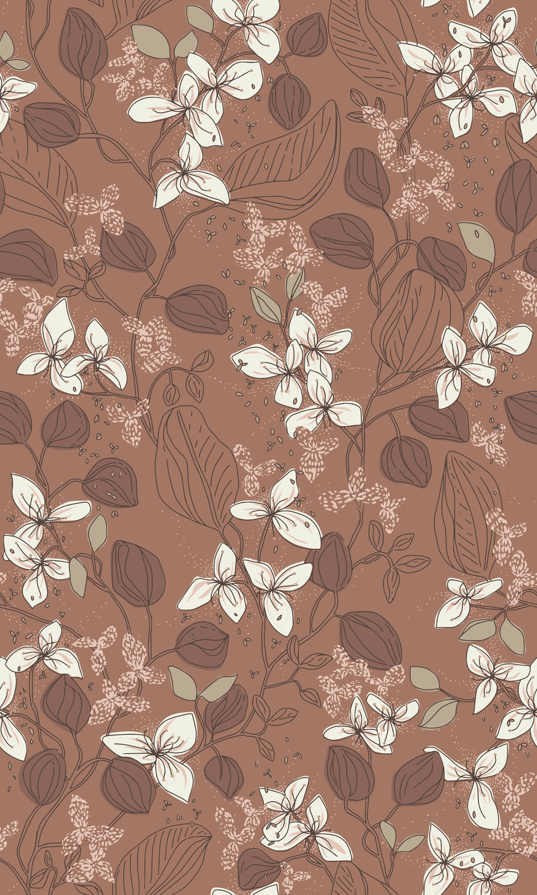 Floral pattern with white flowers and brown leaves on a brown background
