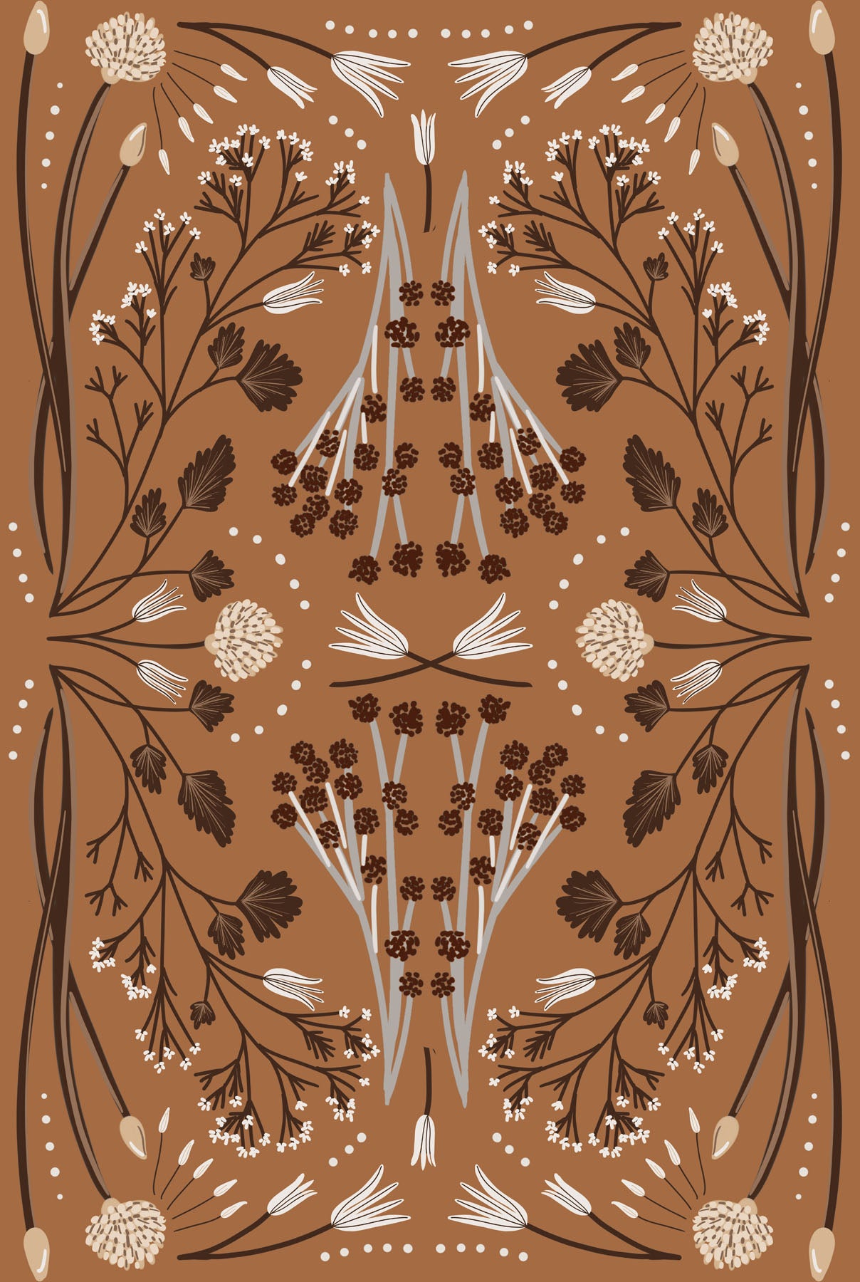 Decorative pattern with mirrored floral elements on a brown background