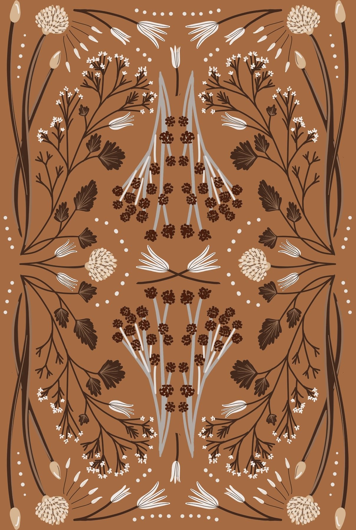 Decorative pattern with mirrored floral elements on a brown background