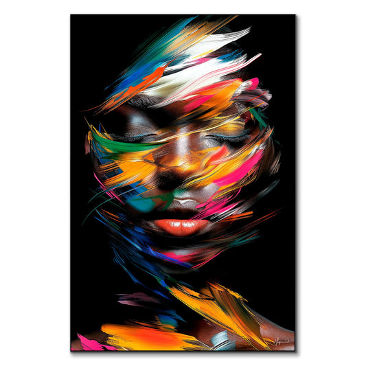 Expressive portrait with bold strokes of red, yellow, and green painting an abstract face.