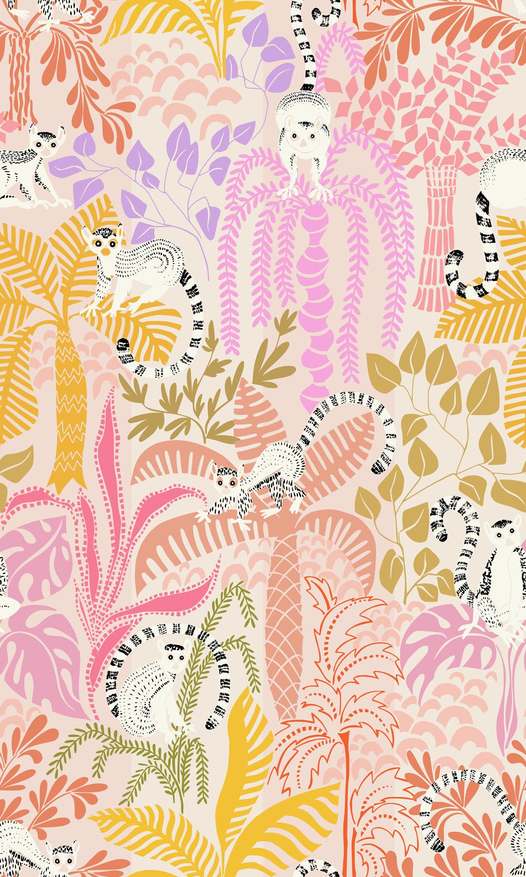 Colorful patterned wallpaper with lemur and floral design on a pink background.