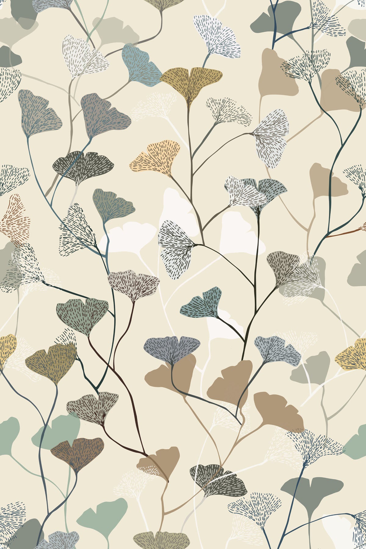 Neutral leaf and floral wallpaper design.