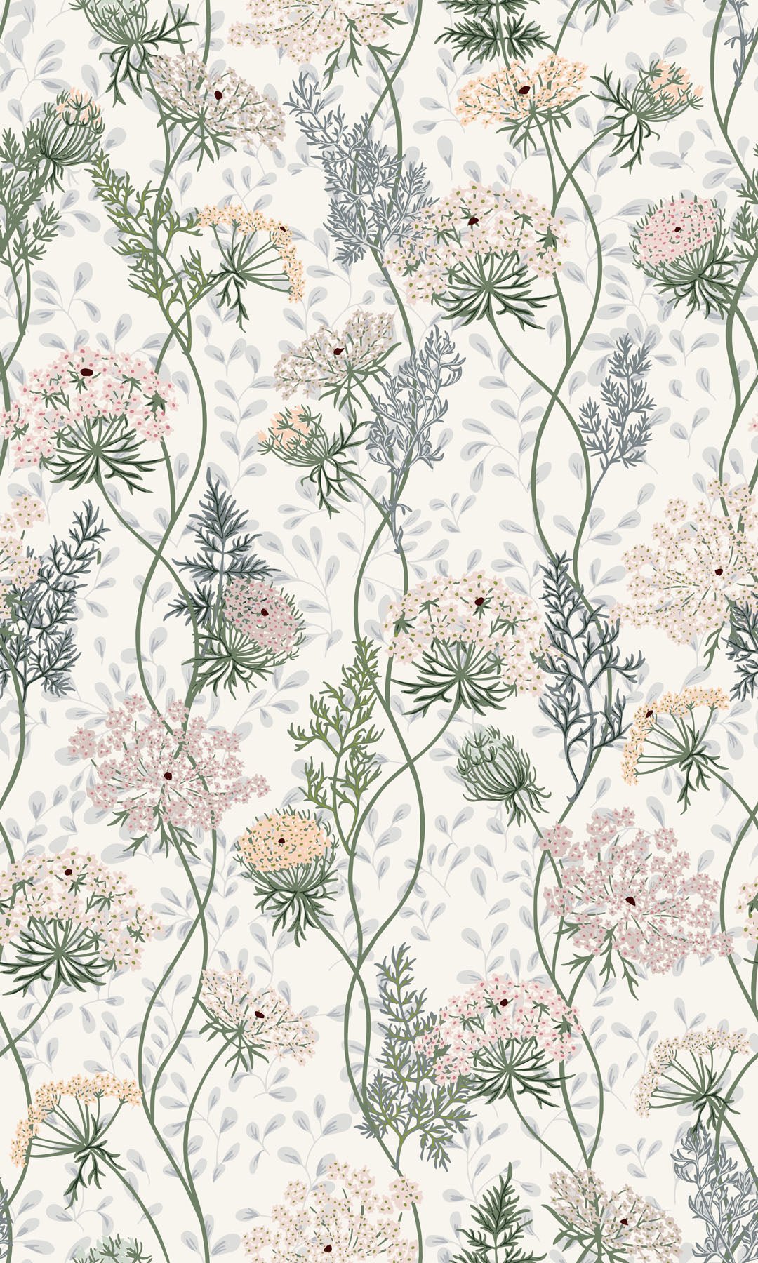 Floral pattern with green leaves and pink flowers on a light background