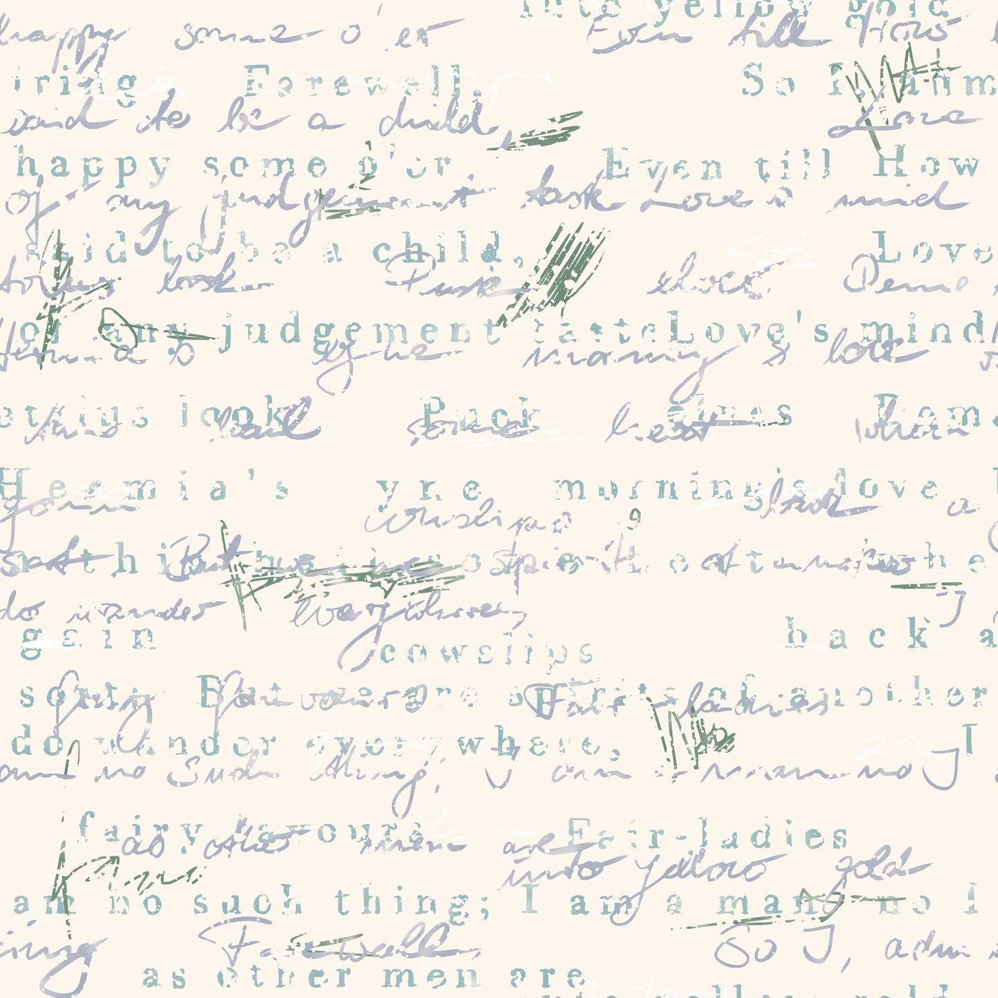 Soft blue and teal hand written note pattern on cream background.
