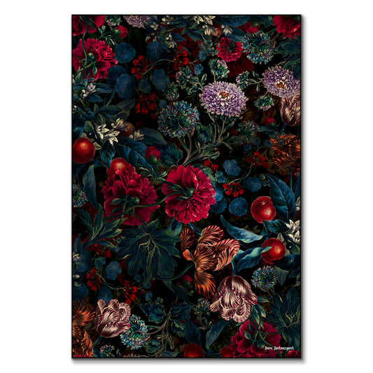 Dark botanical artwork featuring deep red, blue, and purple florals intertwined with lush foliage against a black background.