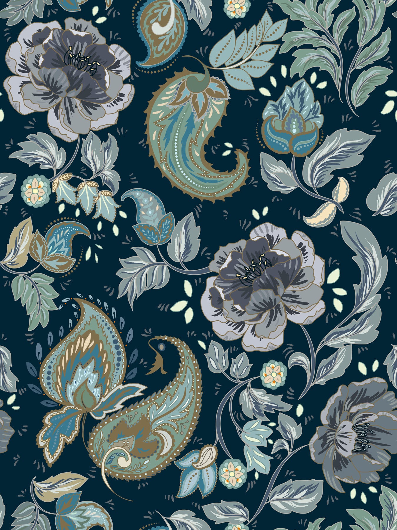 Floral and paisley pattern on a dark blue background