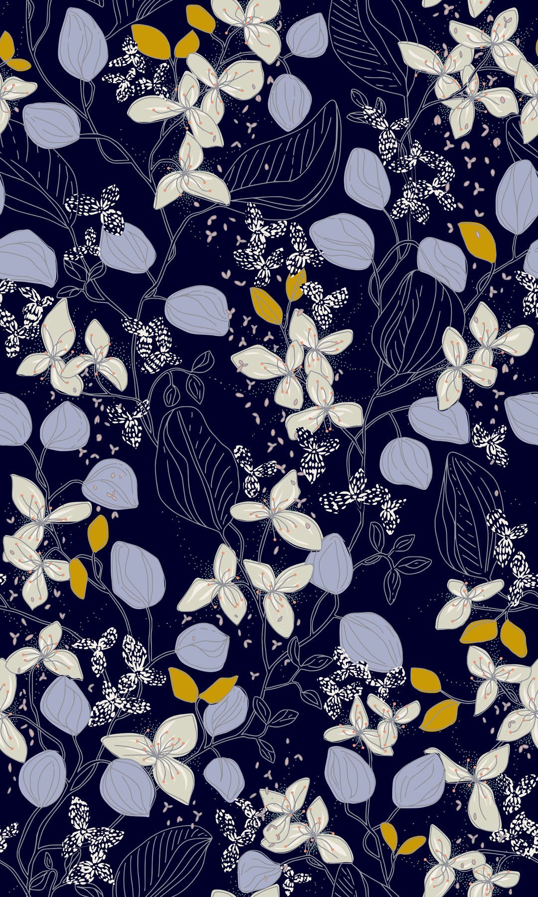 Navy blue, hand drawn floral pattern with white, gray, and yellow flowers on a dark blue background.