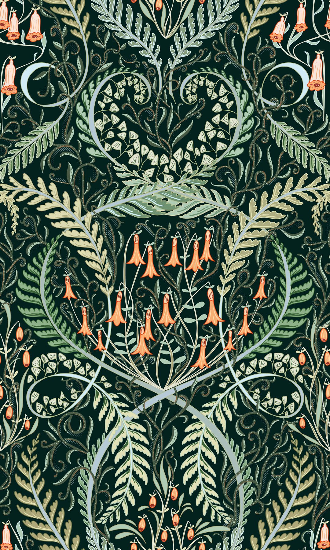 Ornate pattern with green leaves and orange bell flowers on a dark green background.
