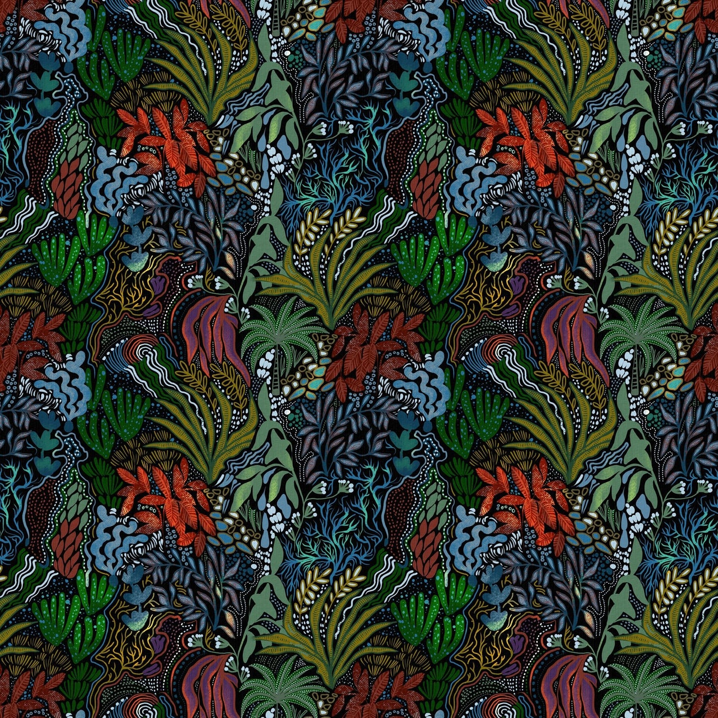Colorful pattern of underwater plants on a black background