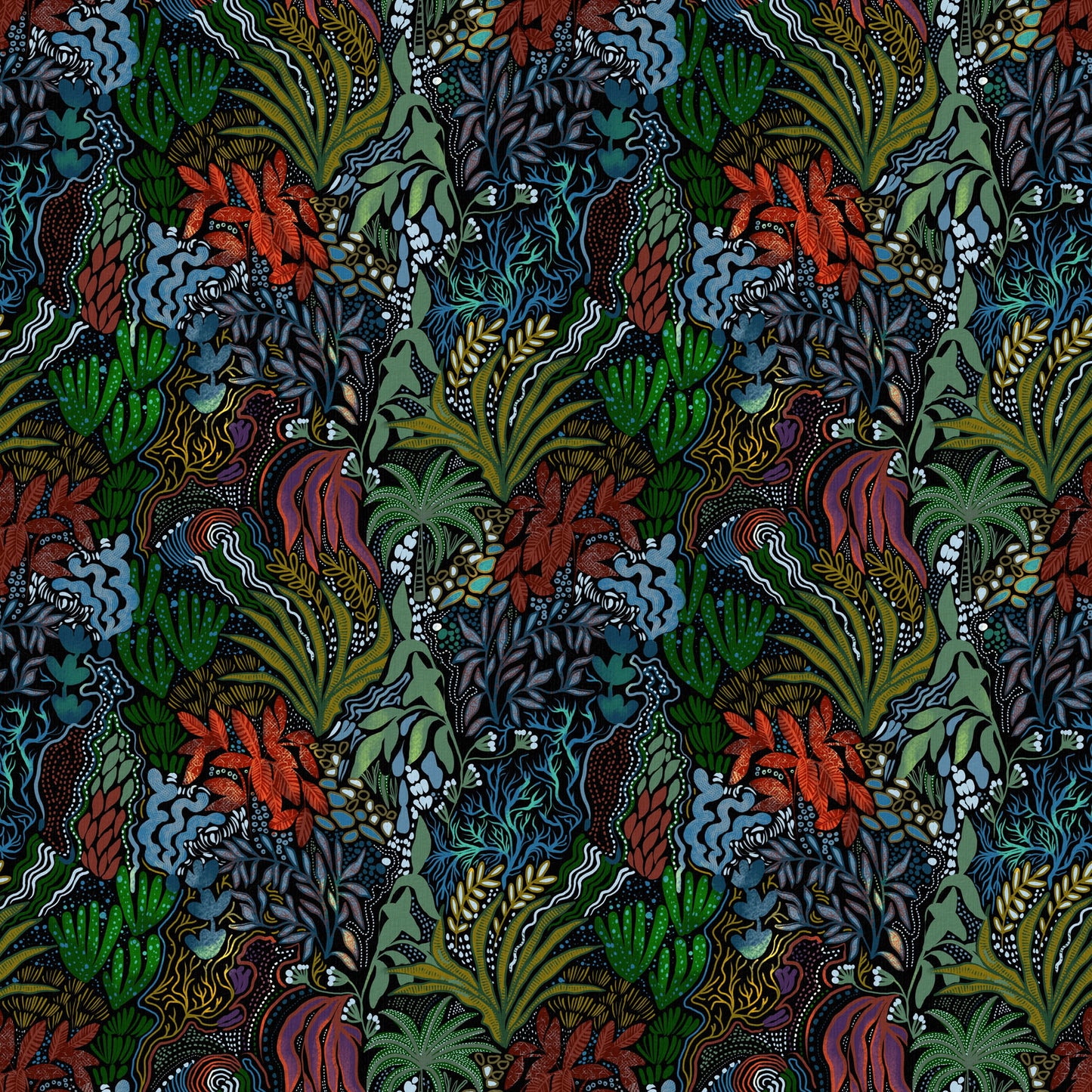 Colorful pattern of underwater plants on a black background