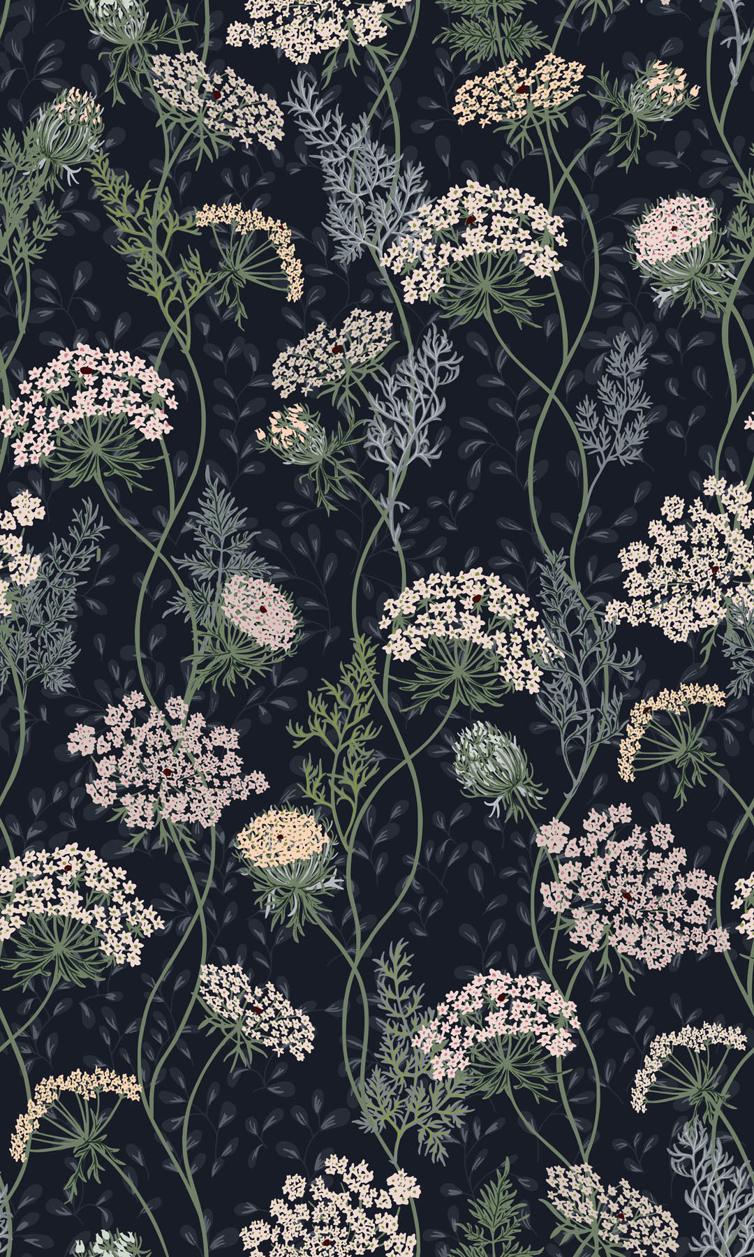 Floral pattern with white flowers and sage green leaves on a dark navy blue background.