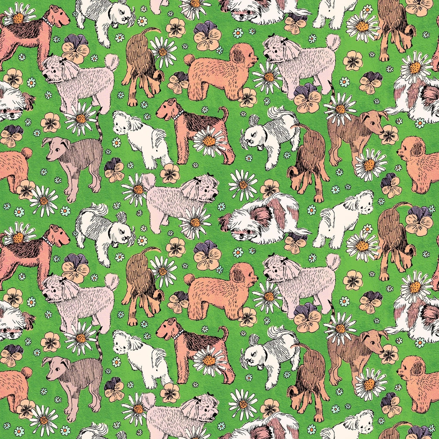 Pattern of dogs and flowers on a green background
