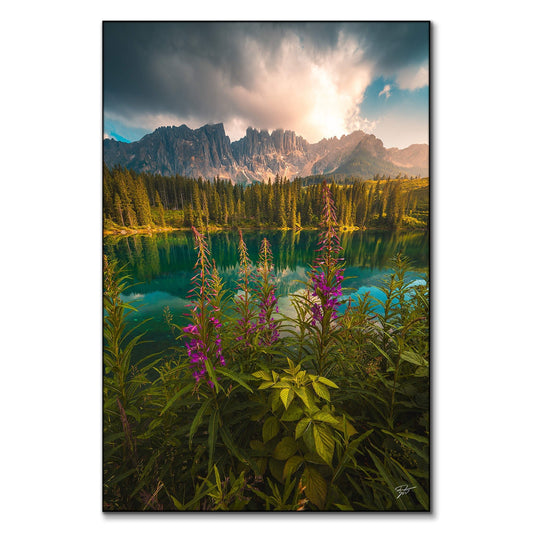 Serene landscape with mountain lake, flowers, and lush green foliage under a bright sky.