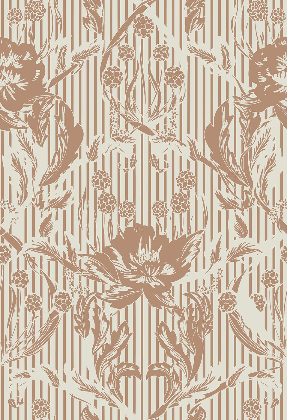 Warm, brown floral pattern with vertical white stripes on a beige background