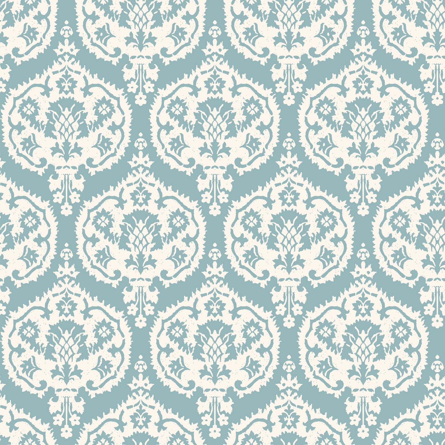Teal and white damask wallpaper pattern.
