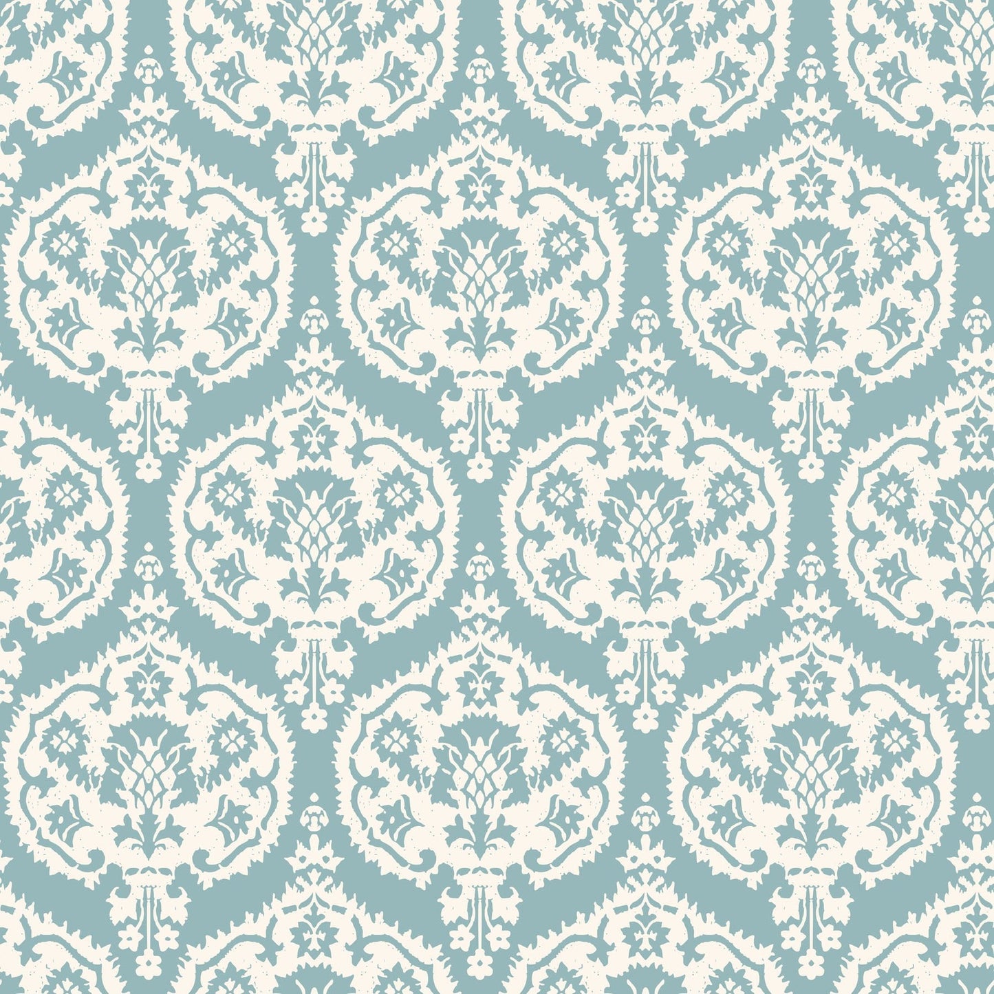 Teal and white damask wallpaper pattern.