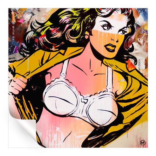 A woman depicted with an open shirt and vibrant graffiti background, highlighting a mix of urban art styles.