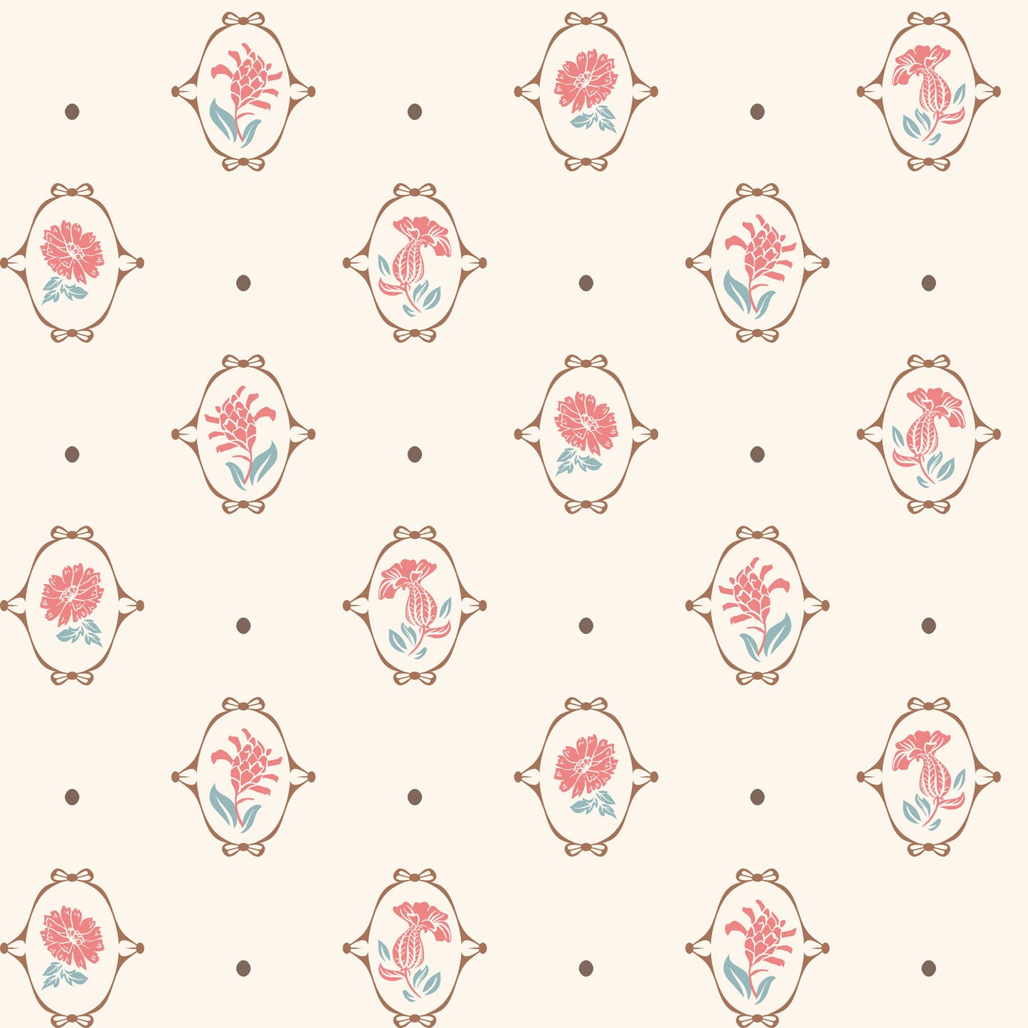 Pattern of floral designs in decorative frames on a beige background with small black dots.