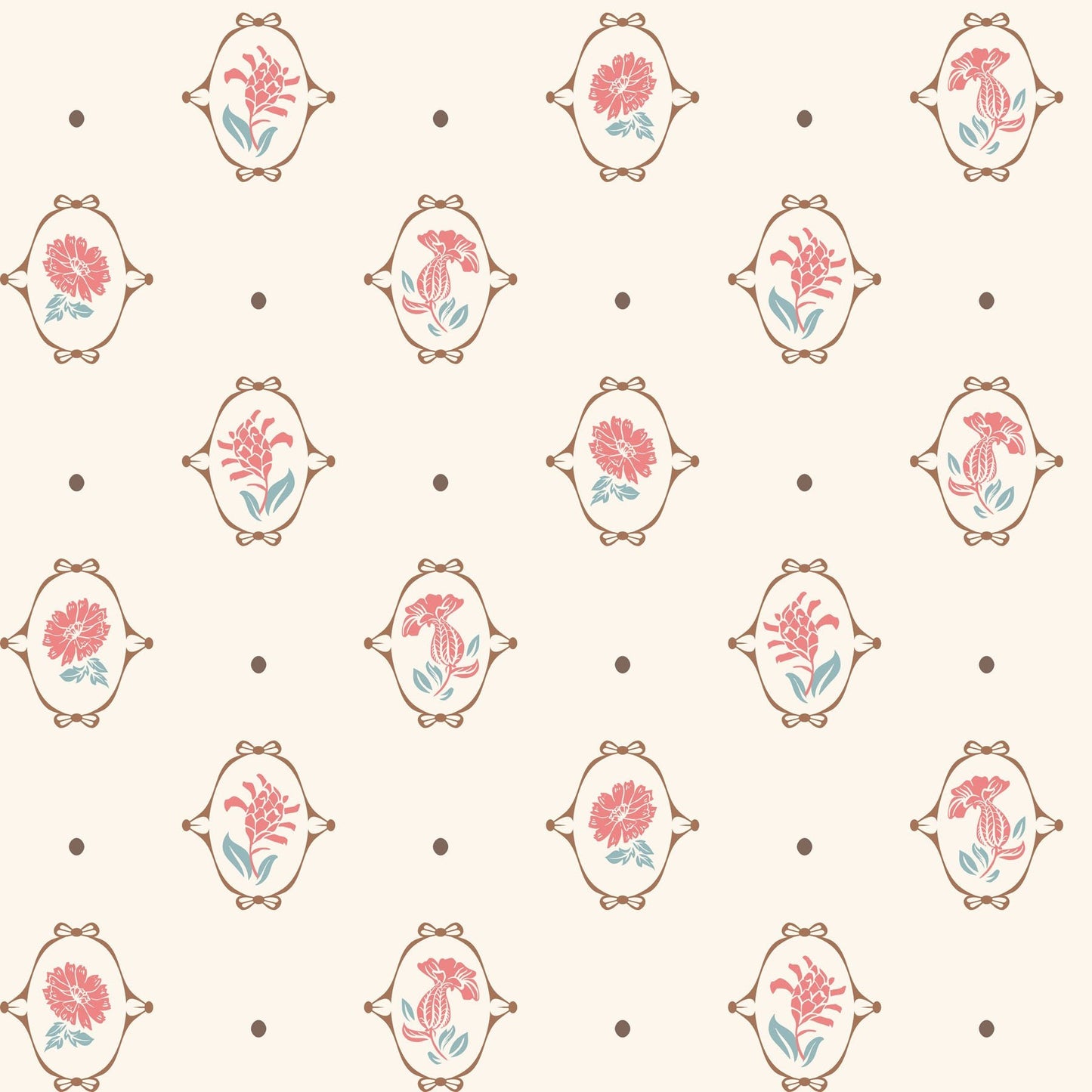 Pattern of floral designs in decorative frames on a beige background with small black dots.