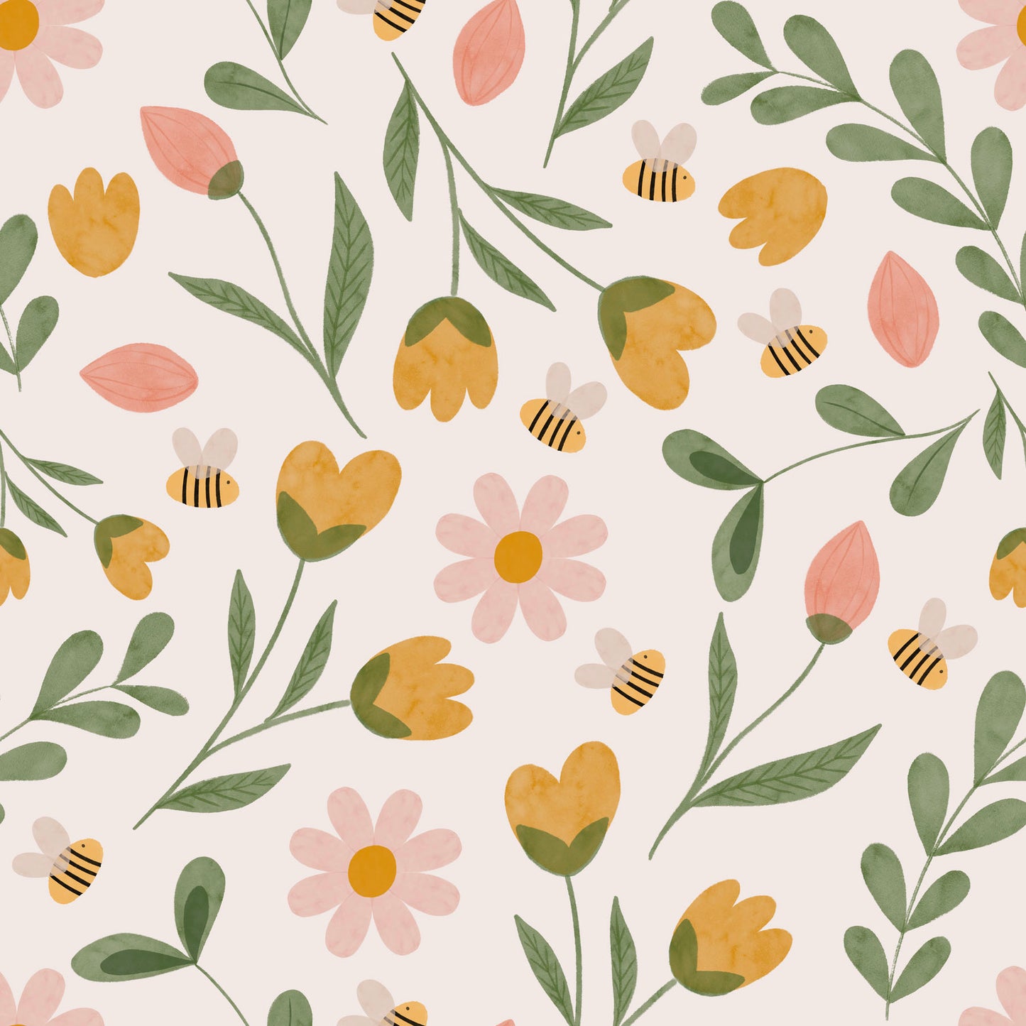 Pattern of flowers, leaves, and bees on a light background