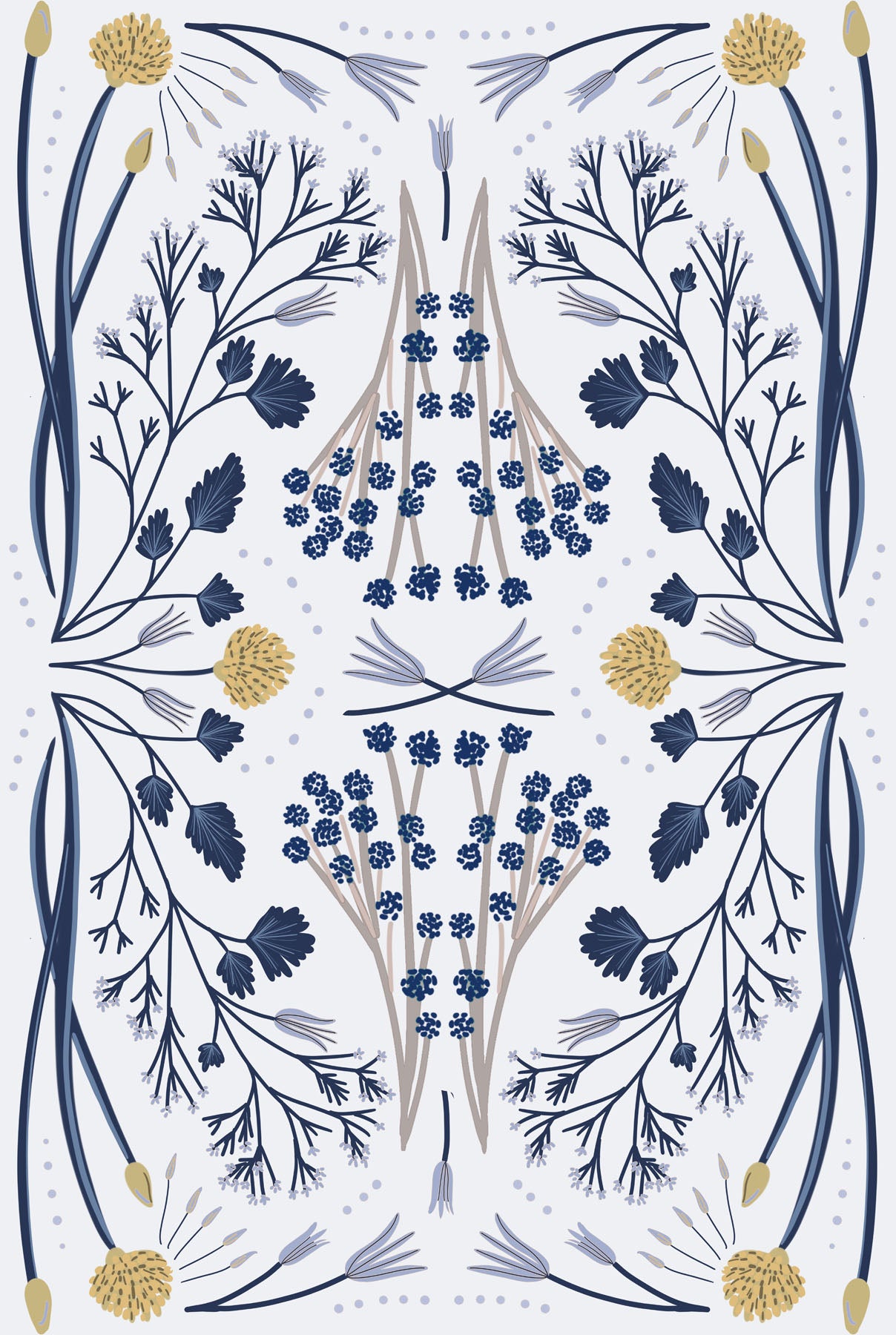 Decorative pattern with blue and gold floral elements on a white background.