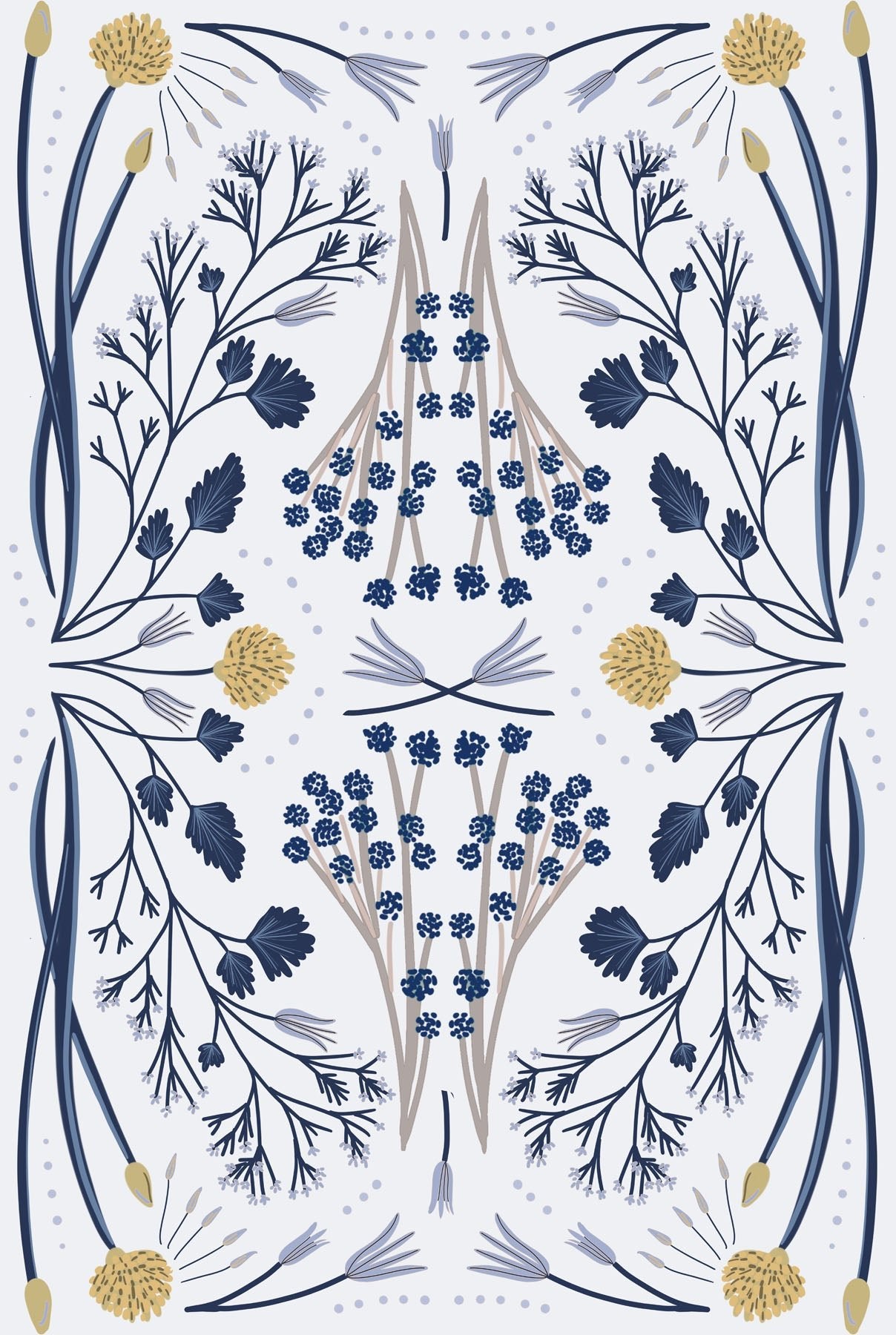 Decorative pattern with blue and gold floral elements on a white background.