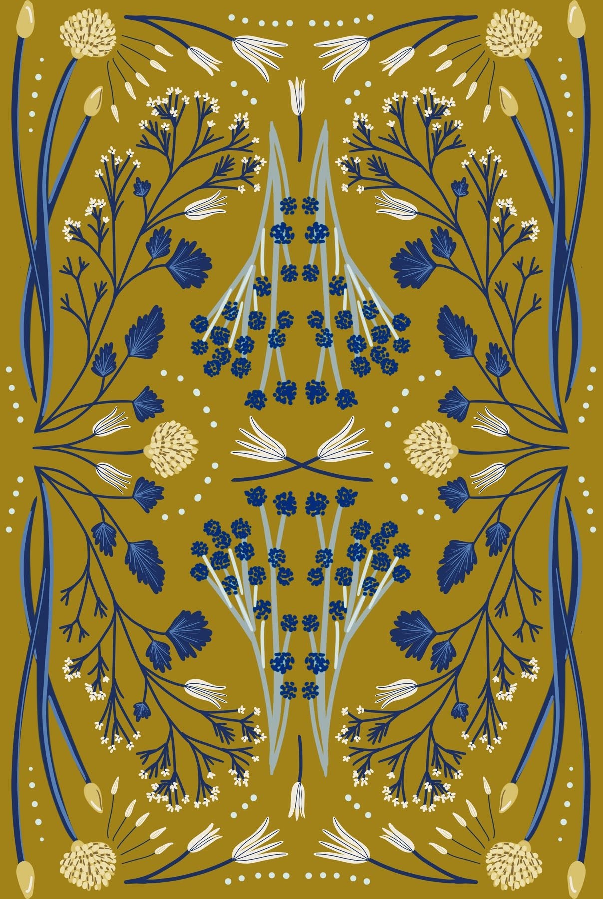 Decorative pattern with blue and white flowers on a chartreuse background