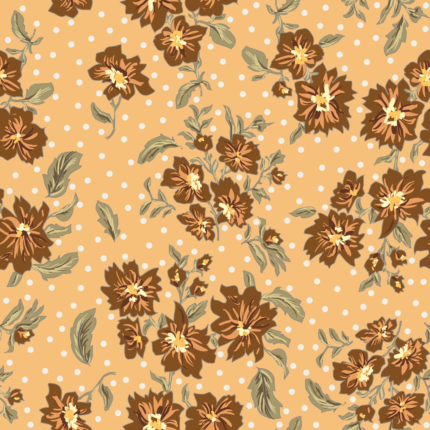 Floral pattern with brown flowers and green leaves on a yellow background with white polka dots.