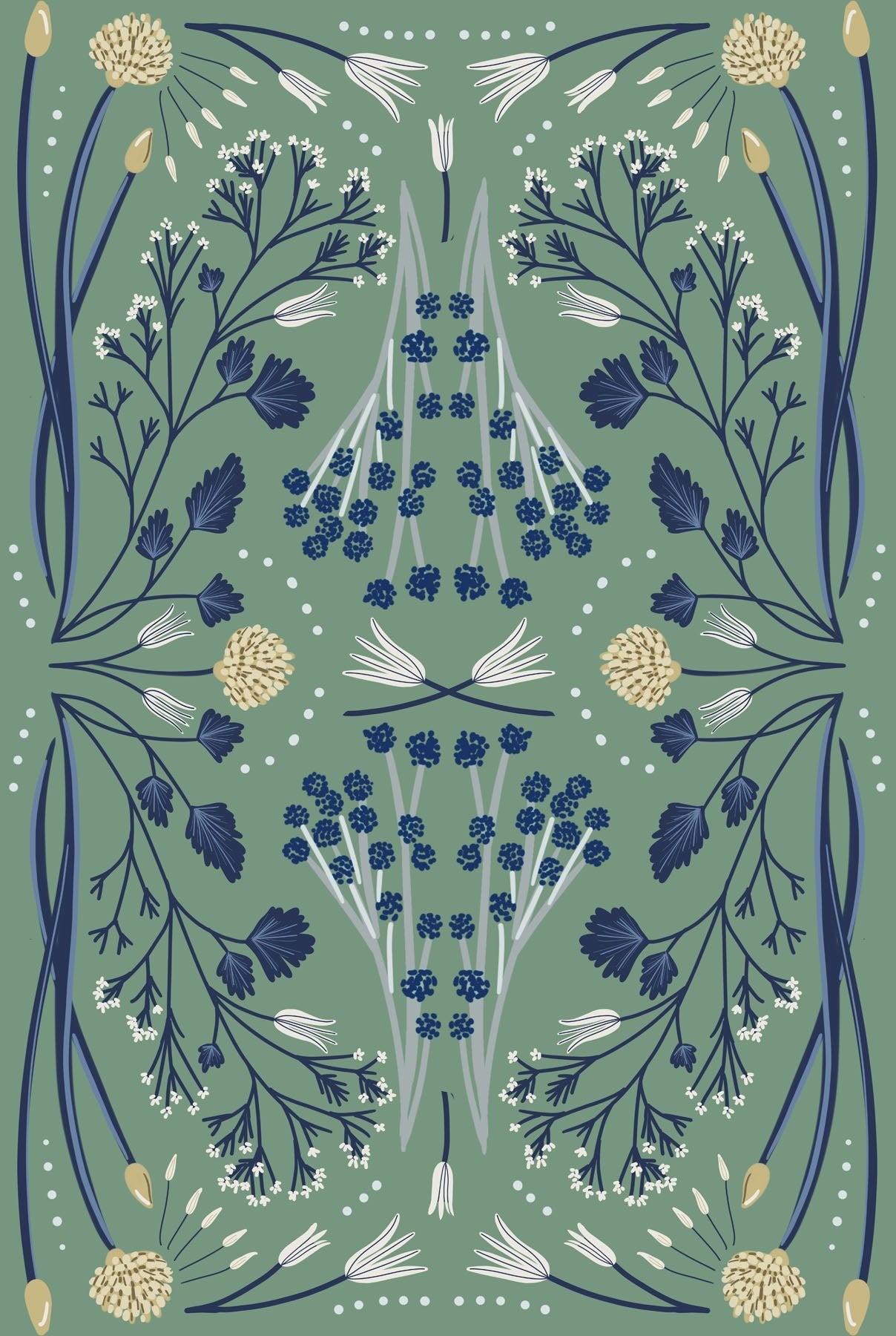 Decorative pattern with blue floral elements on a green background