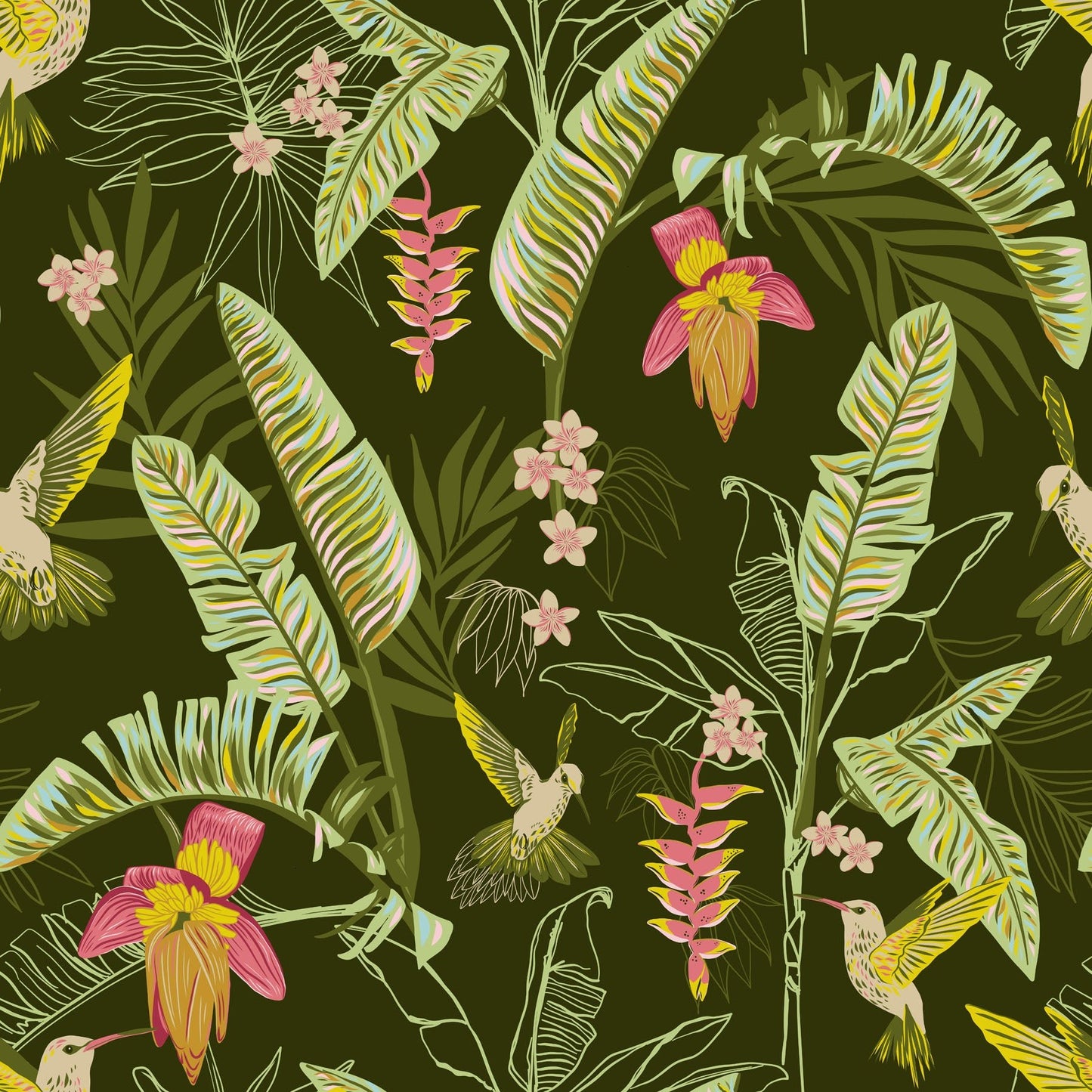 Tropical floral pattern with leaves and flowers on a dark green background.