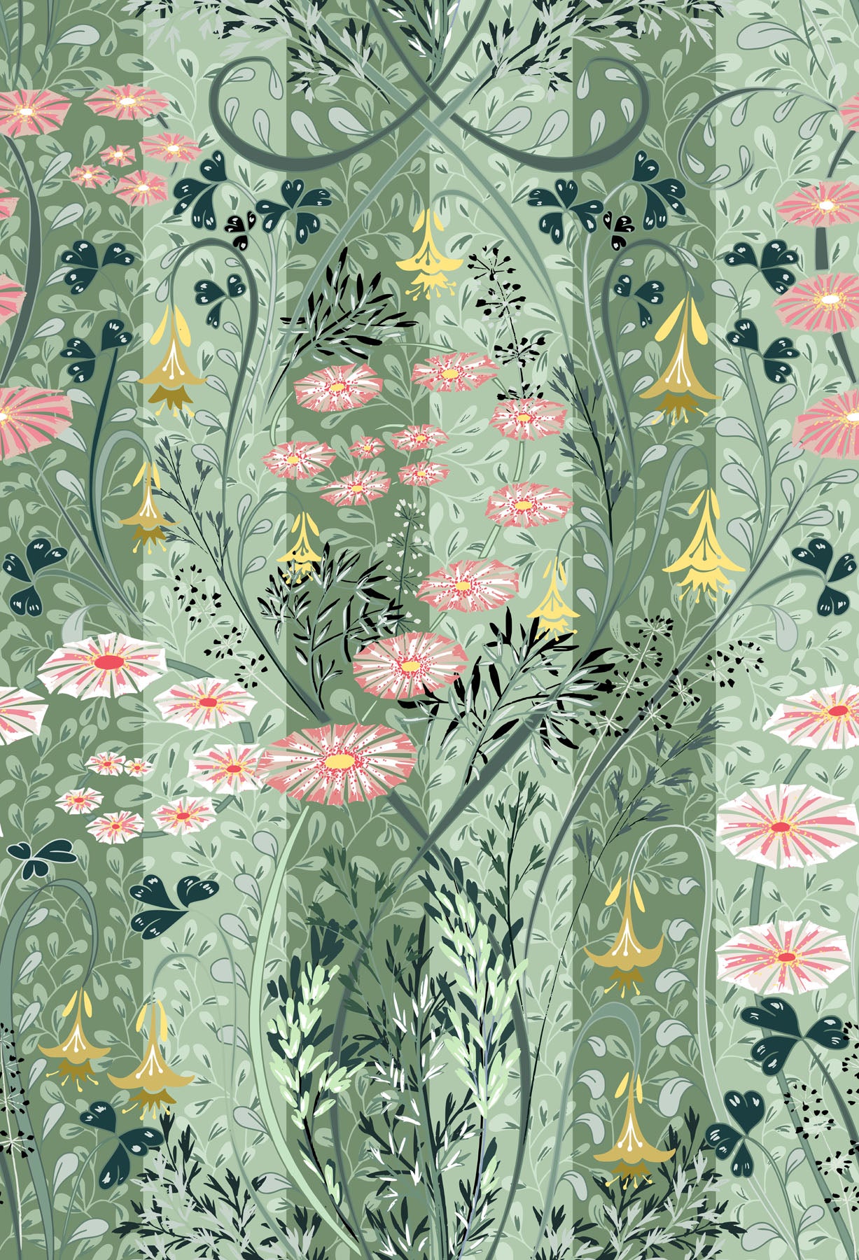 Floral pattern with pink flowers and green leaves on a light green background