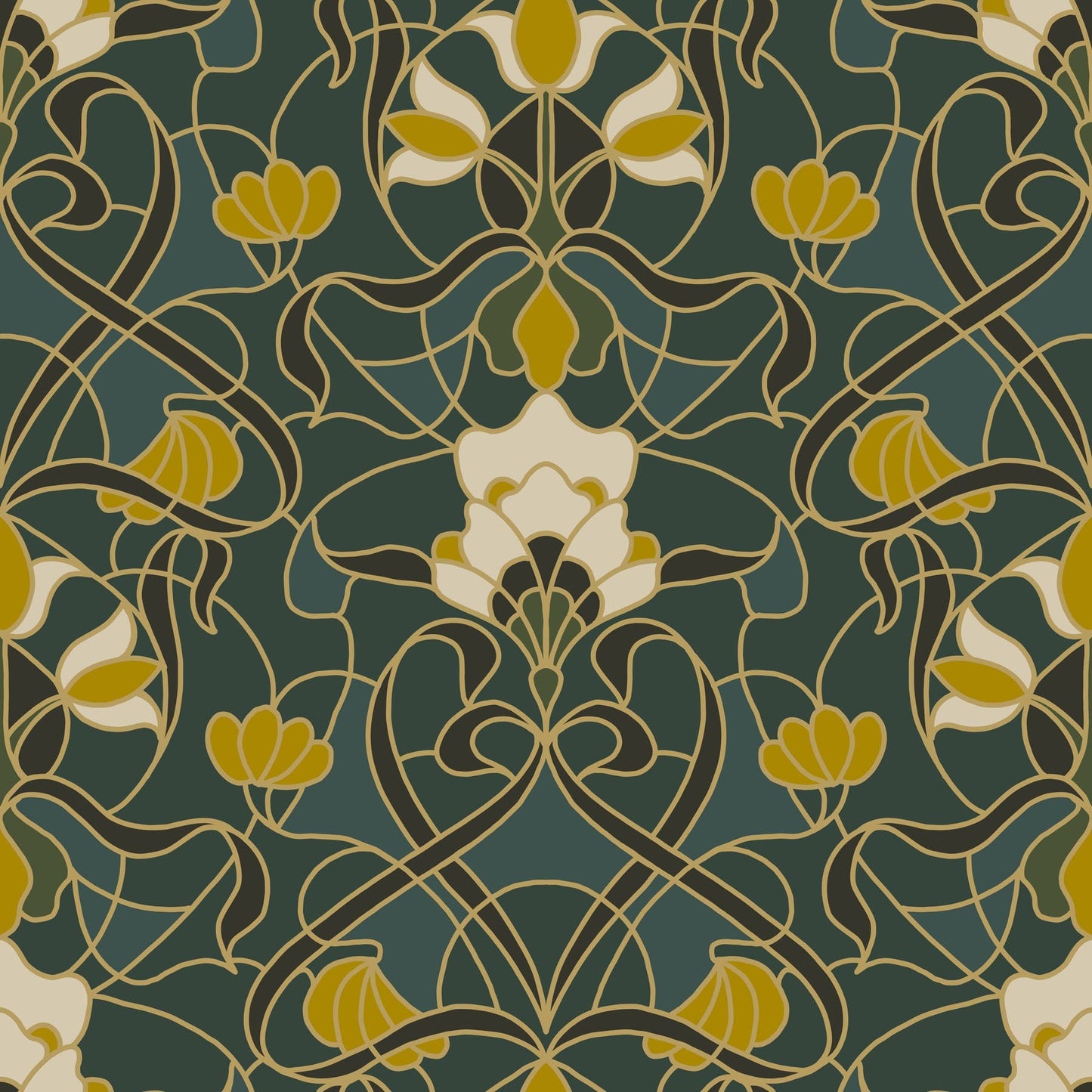 Decorative stained glass pattern with floral elements on a dark green background.