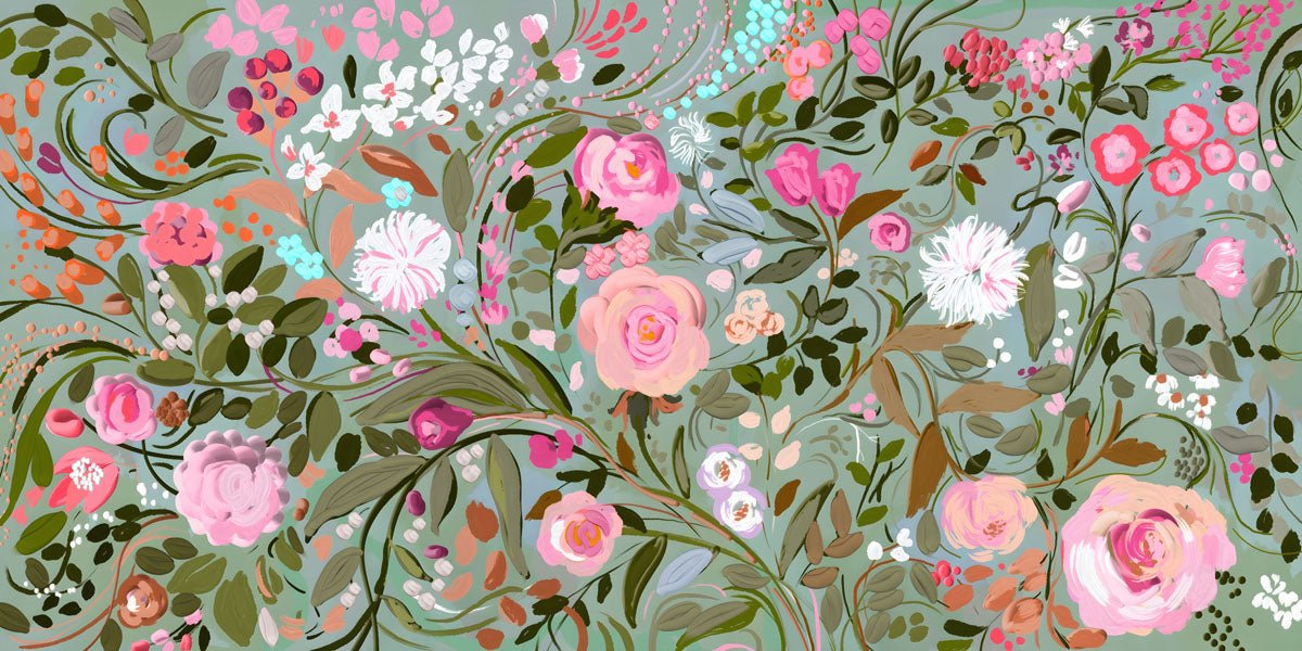 Floral pattern with pink and green flowers on a light teal background.