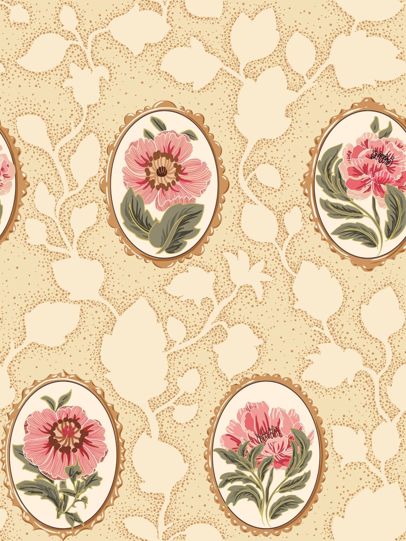 Decorative wallpaper with pink floral Cameo designs on a beige background