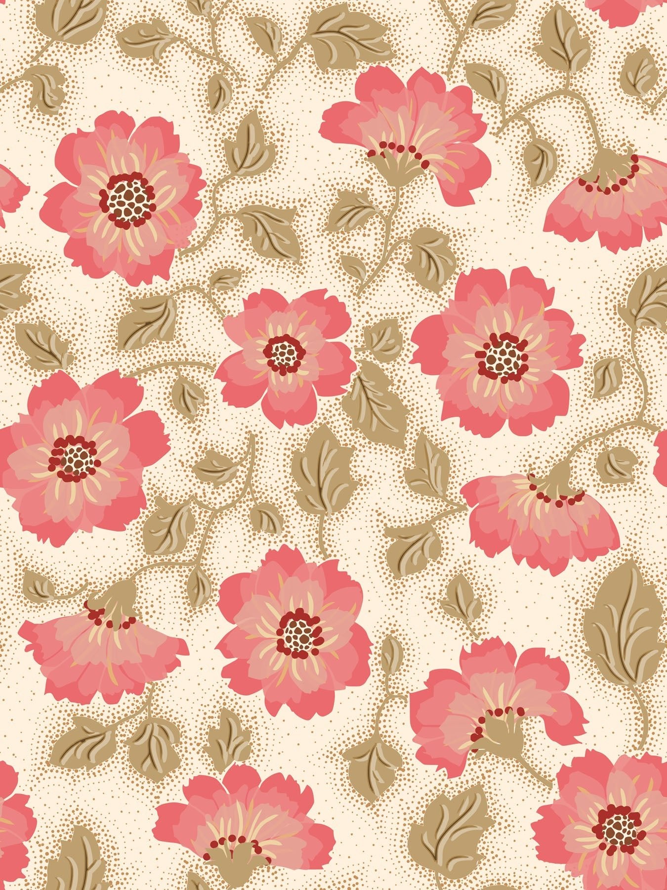 Pattern of pink flowers and green leaves on a beige background.