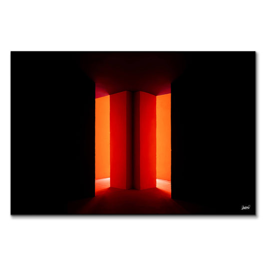 Dark hallway with dramatic orange lighting and deep shadows, evoking mystery.