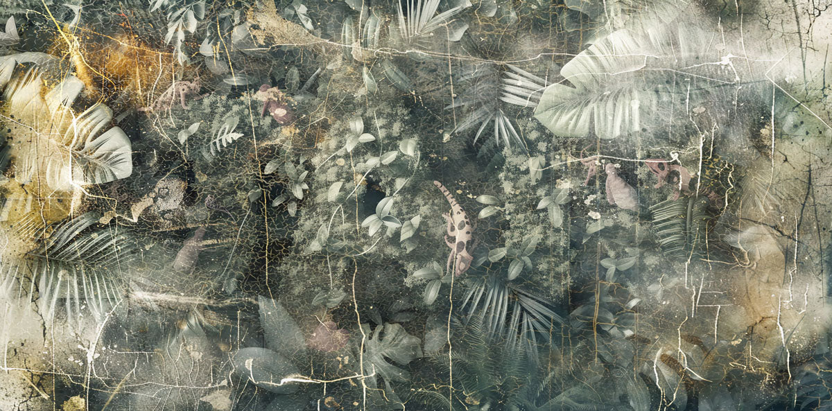 Abstract art with a mix of dark and light colors, featuring tropical leaf-like patterns.