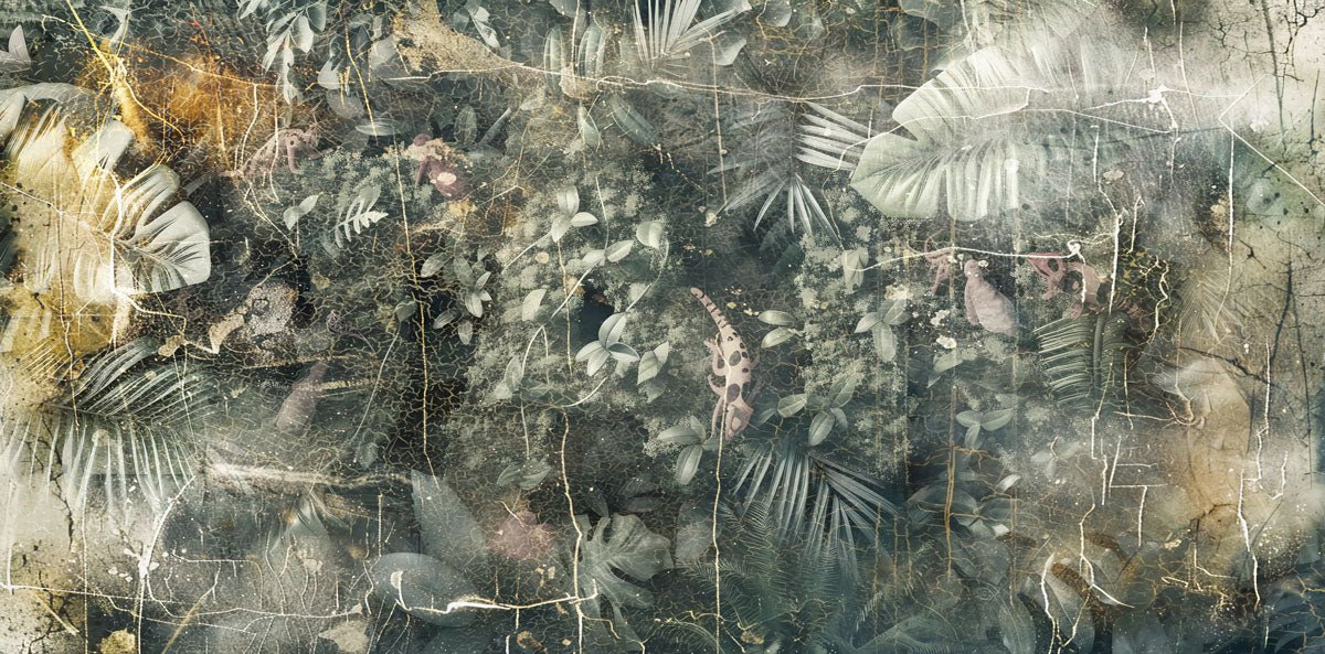 Abstract art with a mix of dark and light colors, featuring tropical leaf-like patterns.