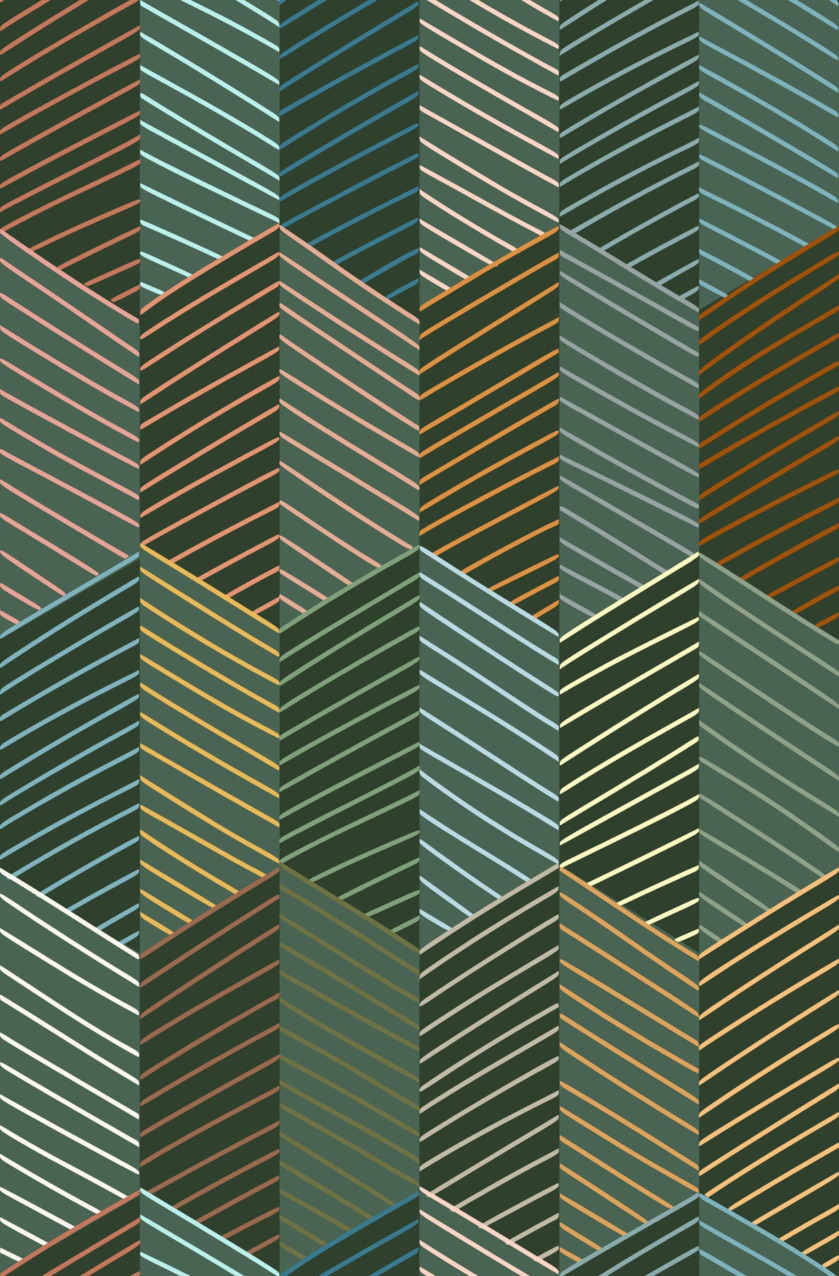 Geometric wallpaper pattern with chevron design in green, orange, and blue.