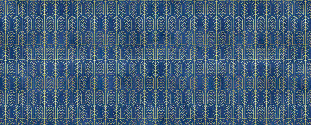 Art deco blue and gold wallpaper pattern.