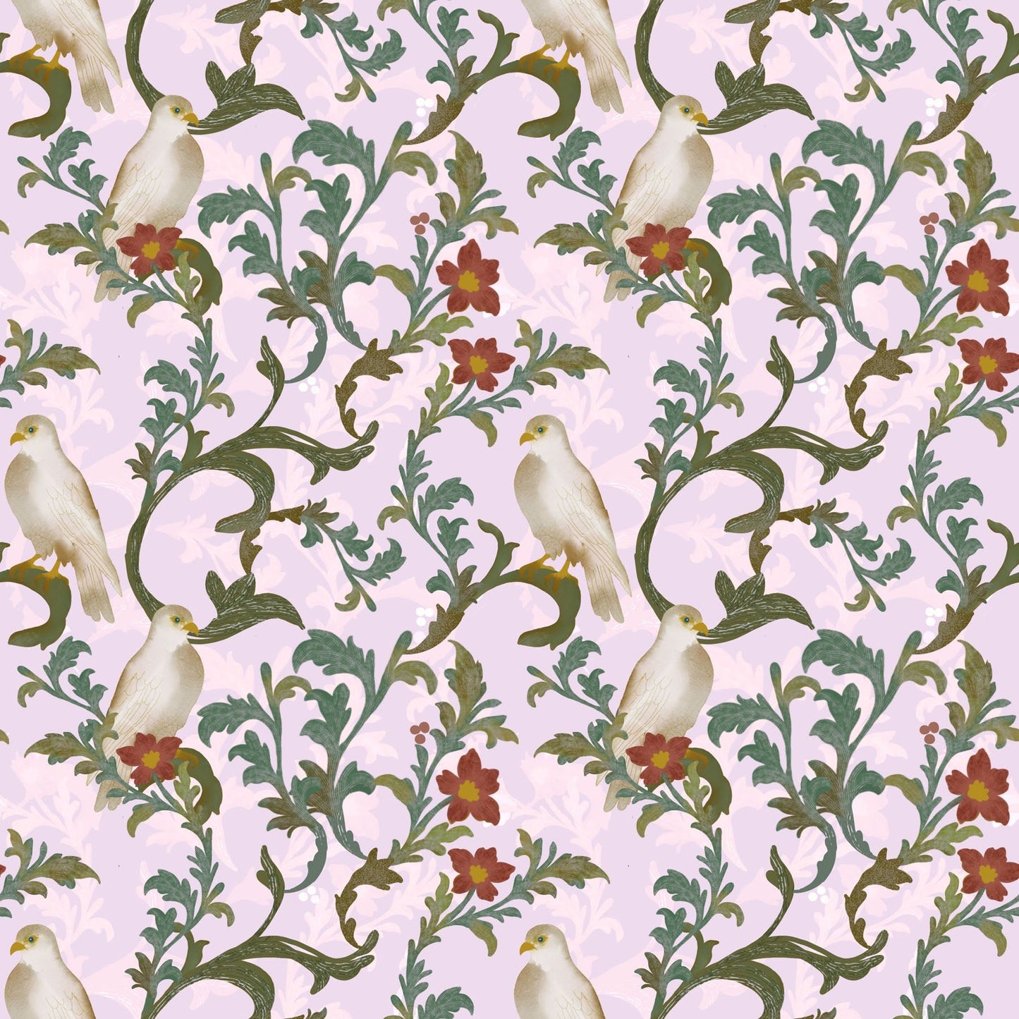 Decorative pattern with white doves and floral elements on a light pink background.