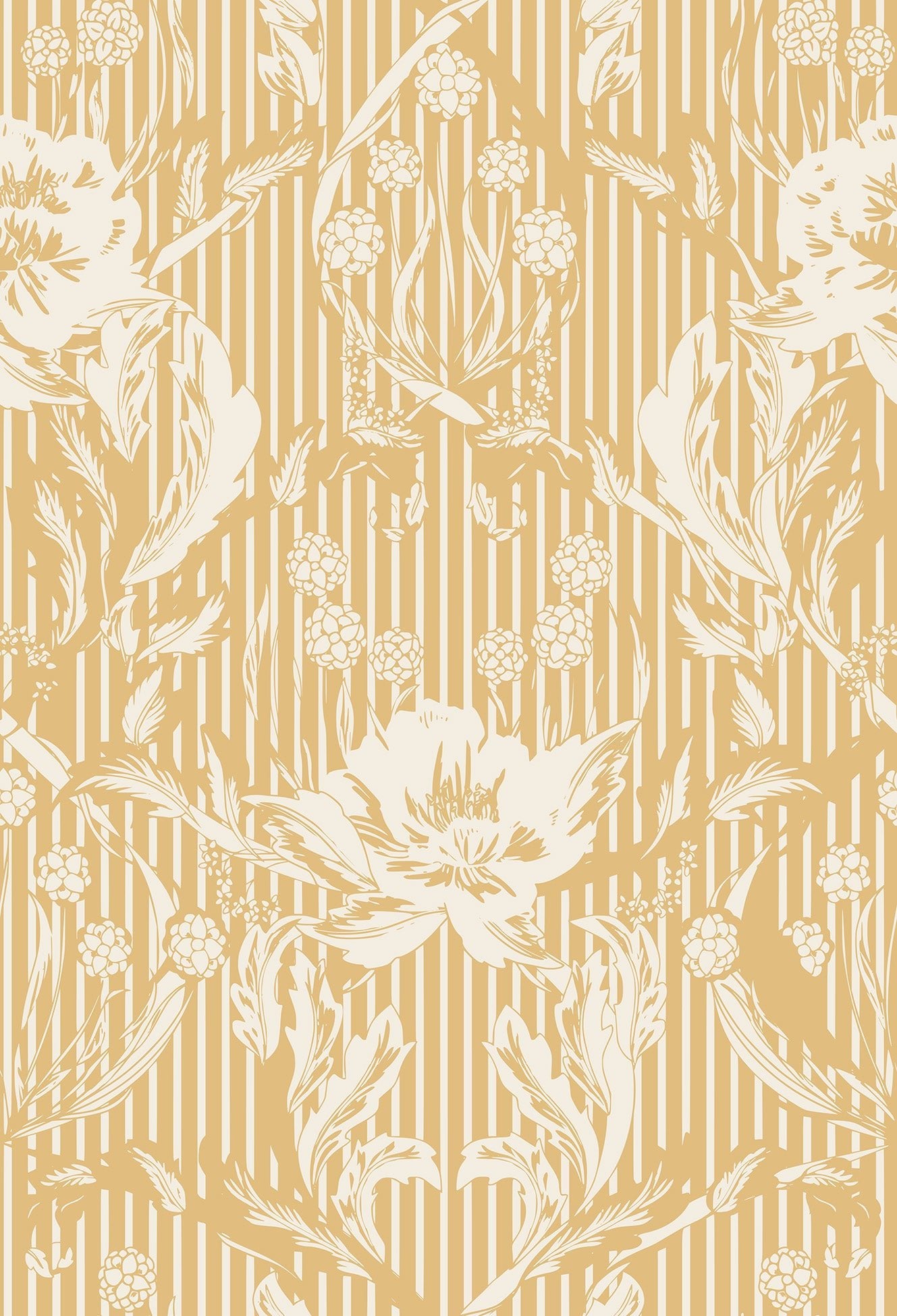 white floral pattern with yellow striped background