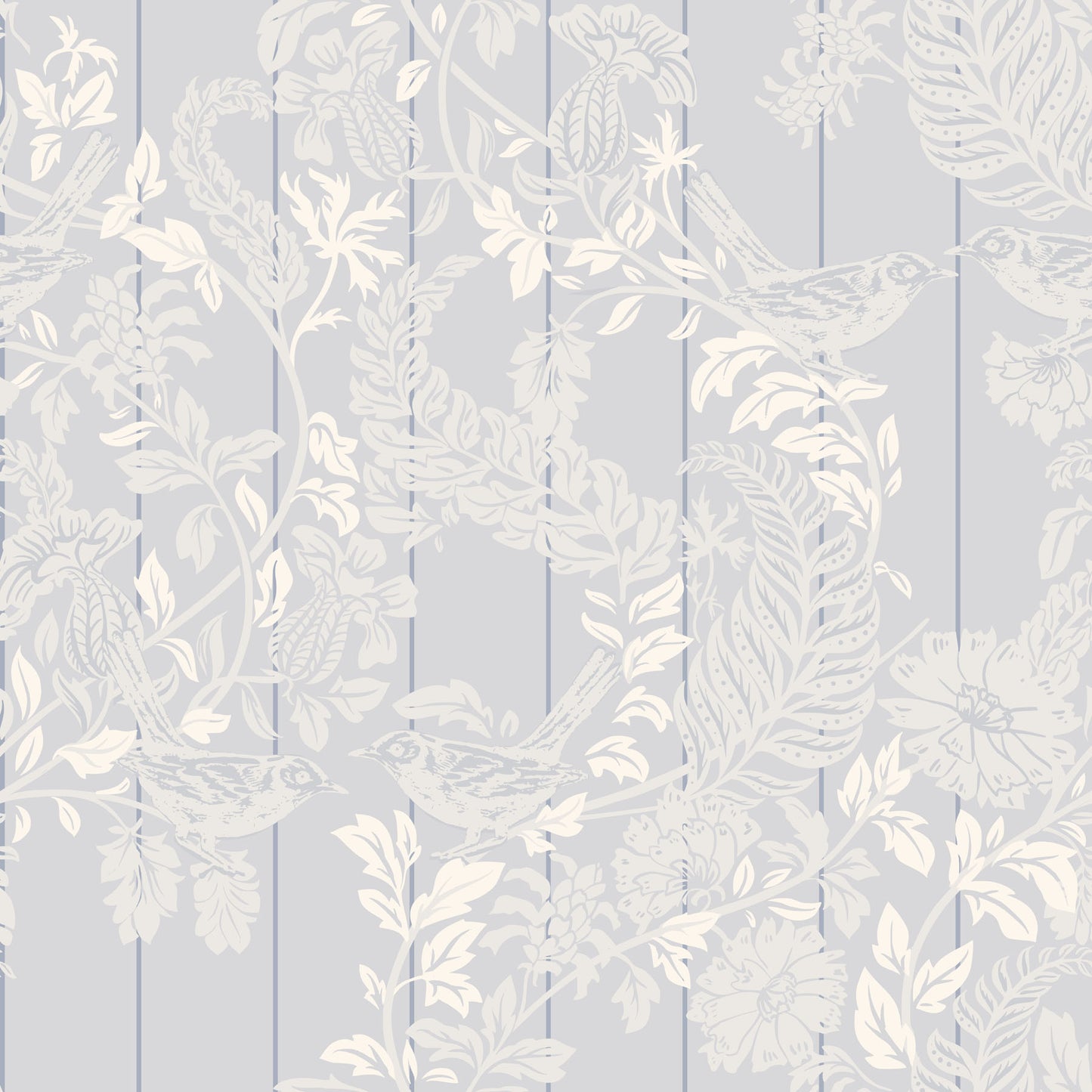 White floral and bird pattern on a light blue wooden background