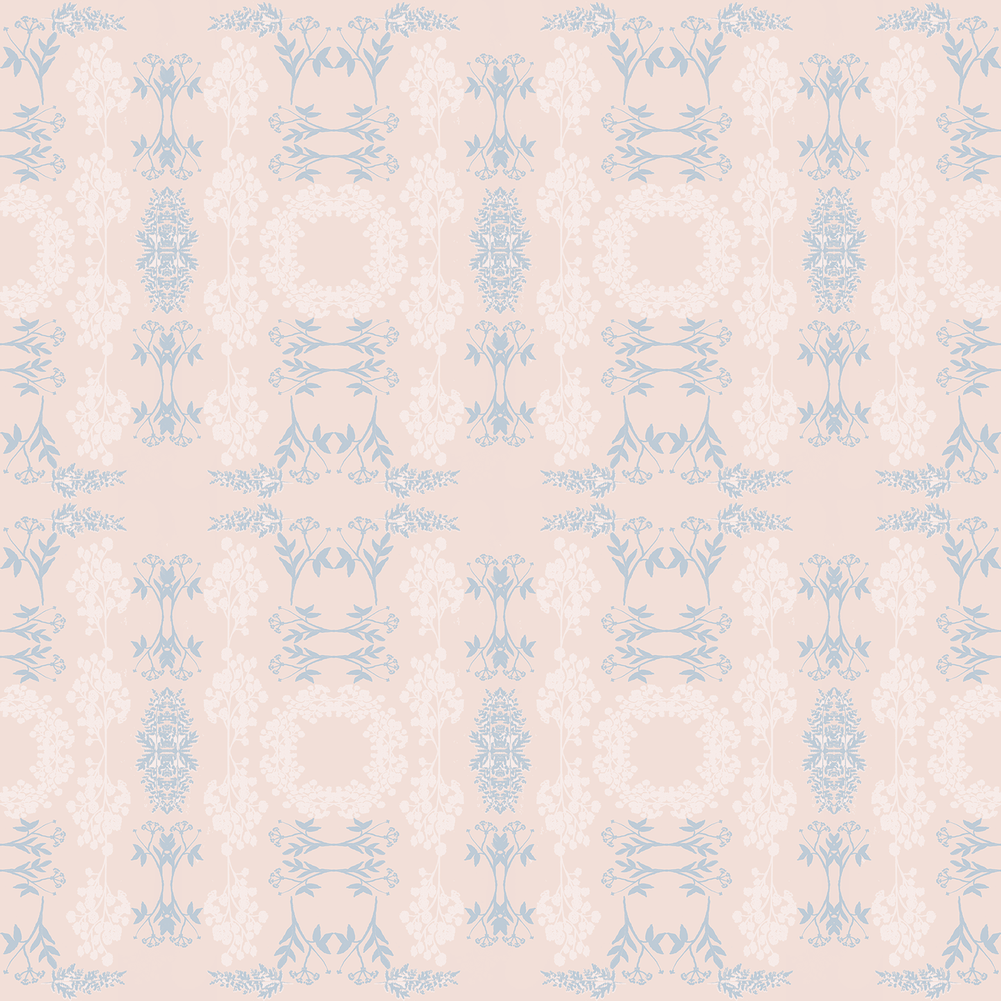Patterned wallpaper with pastel pink and blue floral design on a beige background