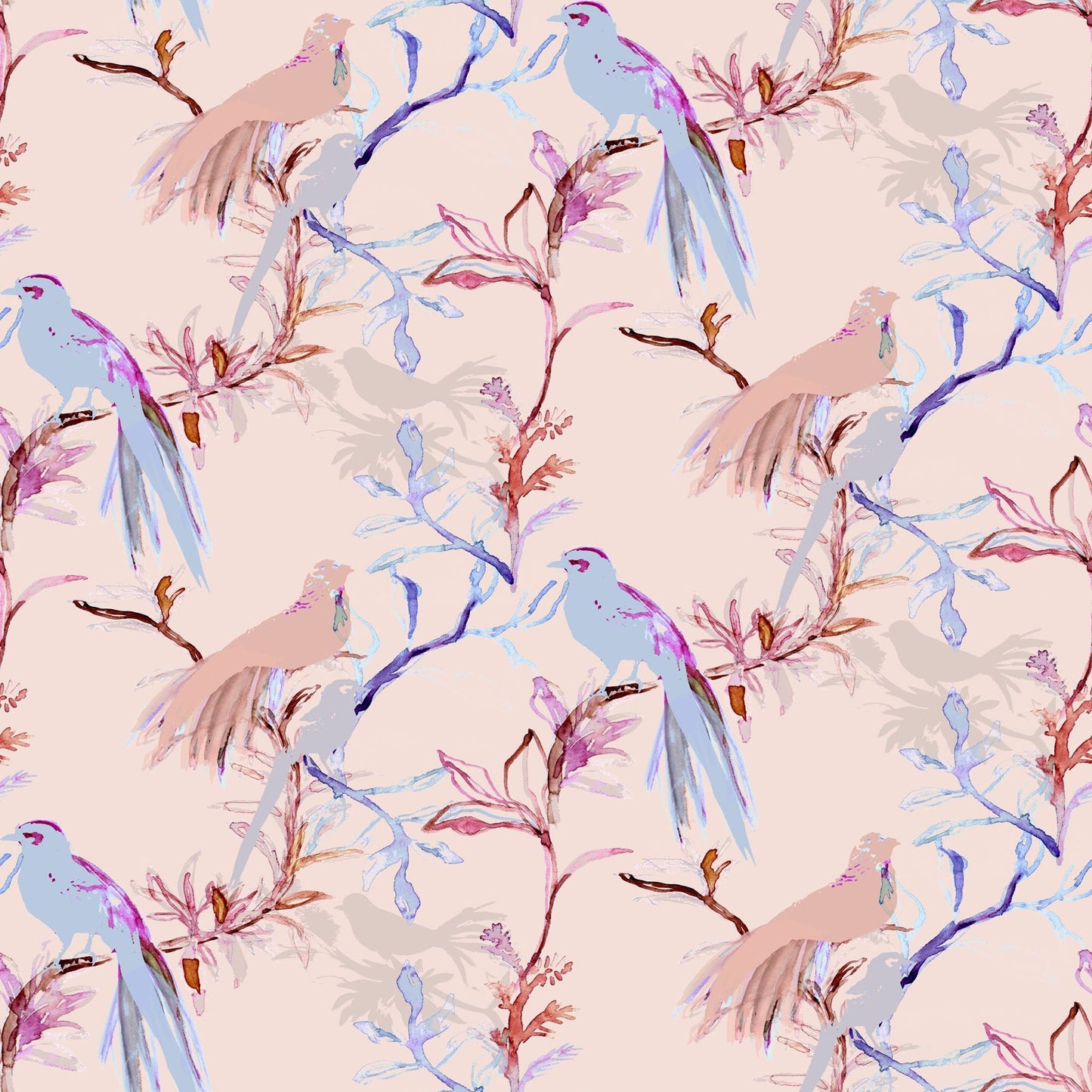 Pattern of blue birds and floral branches on a light pink background.