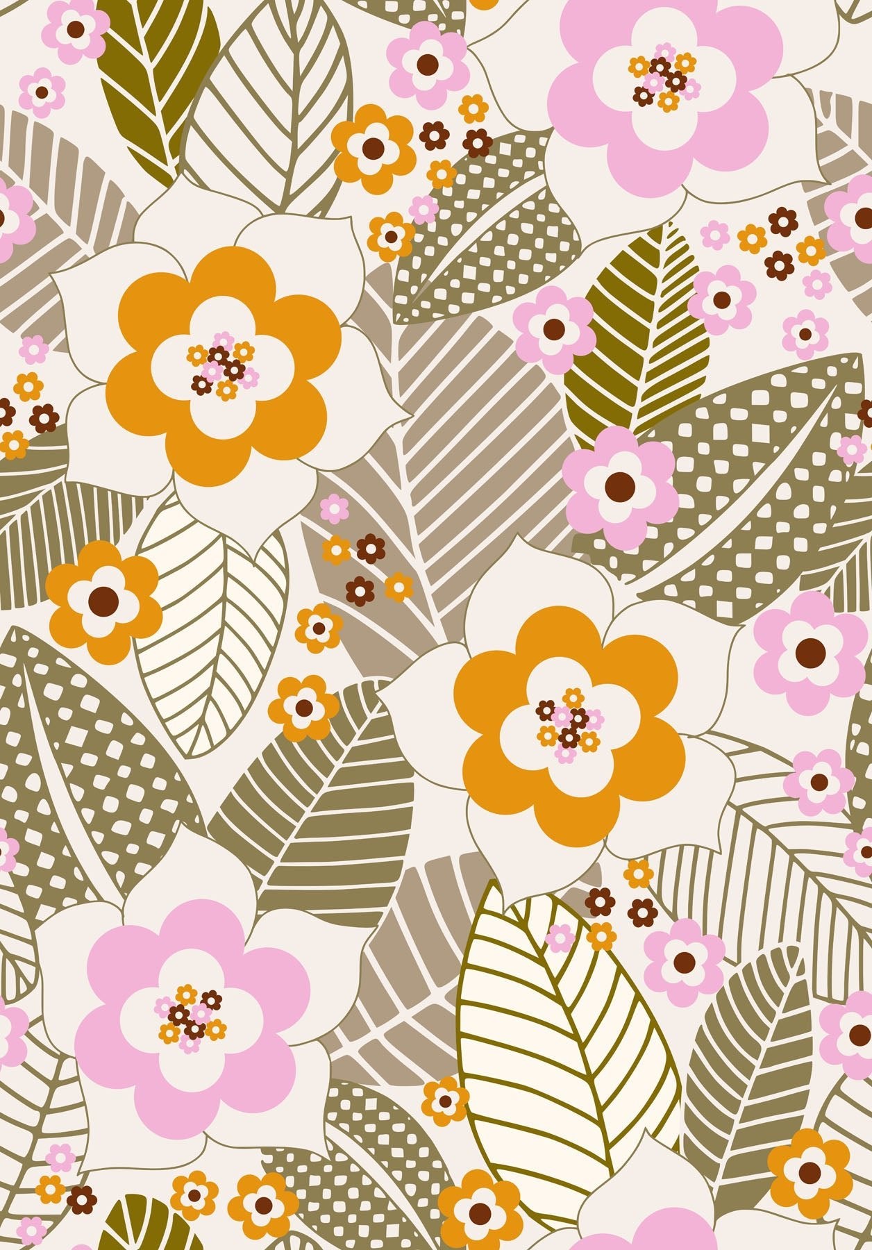 Floral and leaf pattern with orange and pink flowers on a beige background
