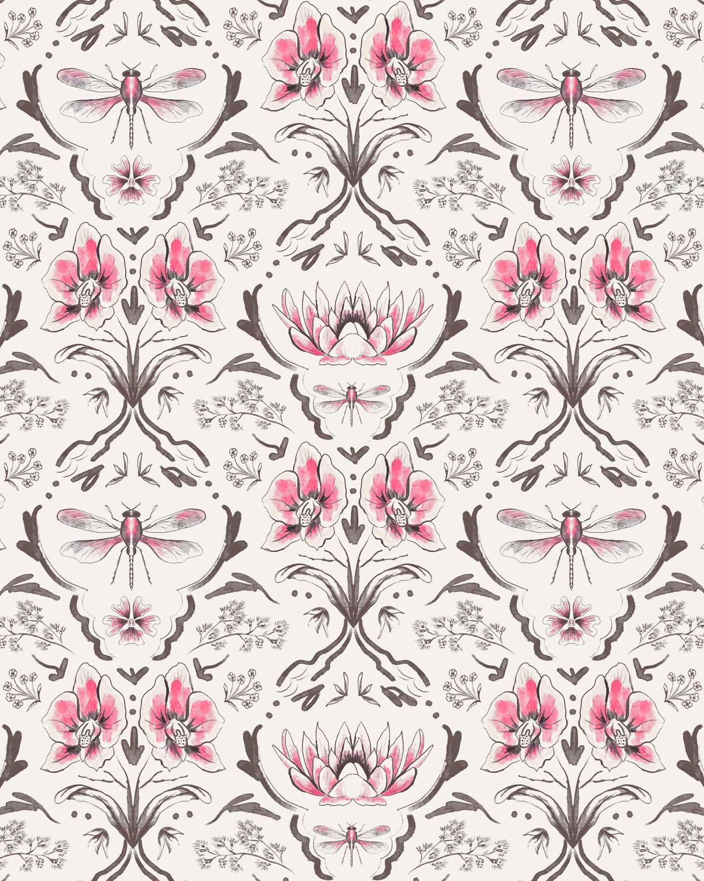 Patterned fabric with pink flowers and dragonflies on a white background