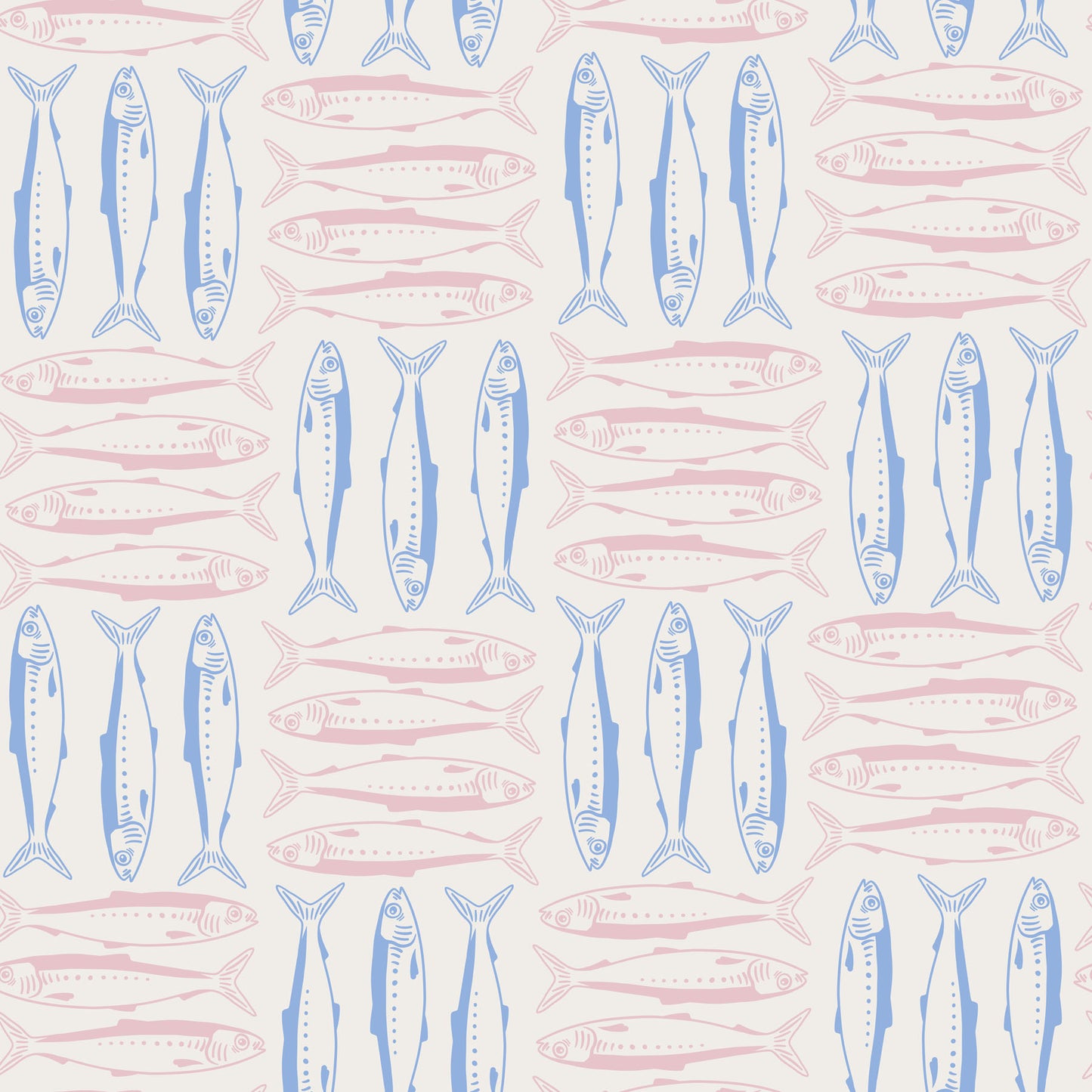 Wallpaper pattern of pink and blue sardines on a white background.