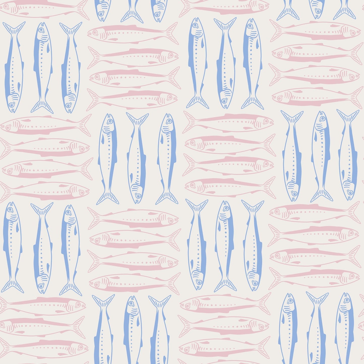 Wallpaper pattern of pink and blue sardines on a white background.